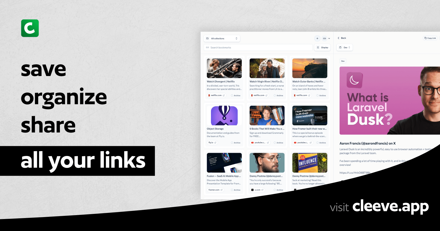 "Streamline your web experience with Cleeve - Your one-stop bookmarking solution."